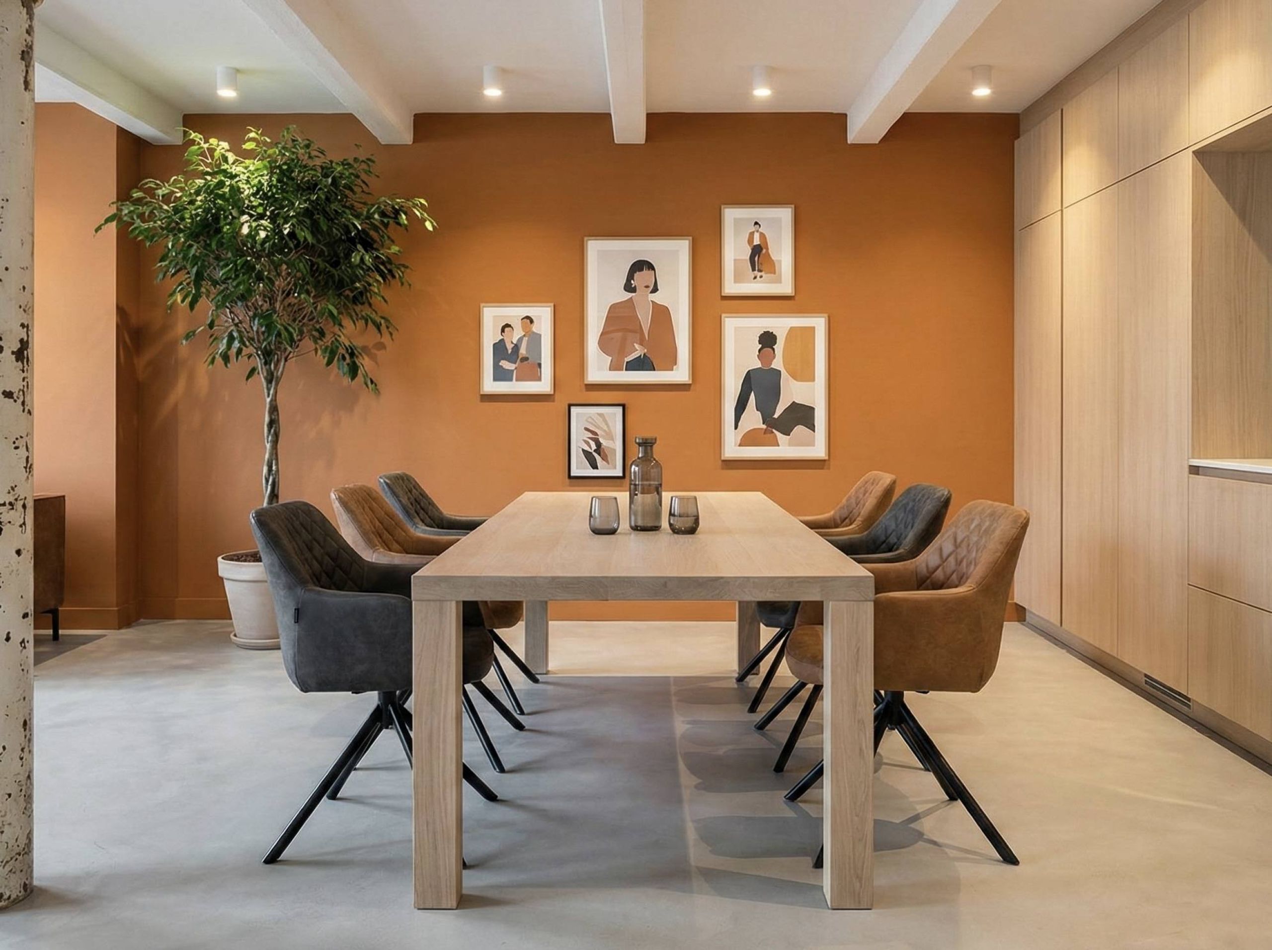 Verfijnd 40mm eiken tafelblad met houten rechte poot