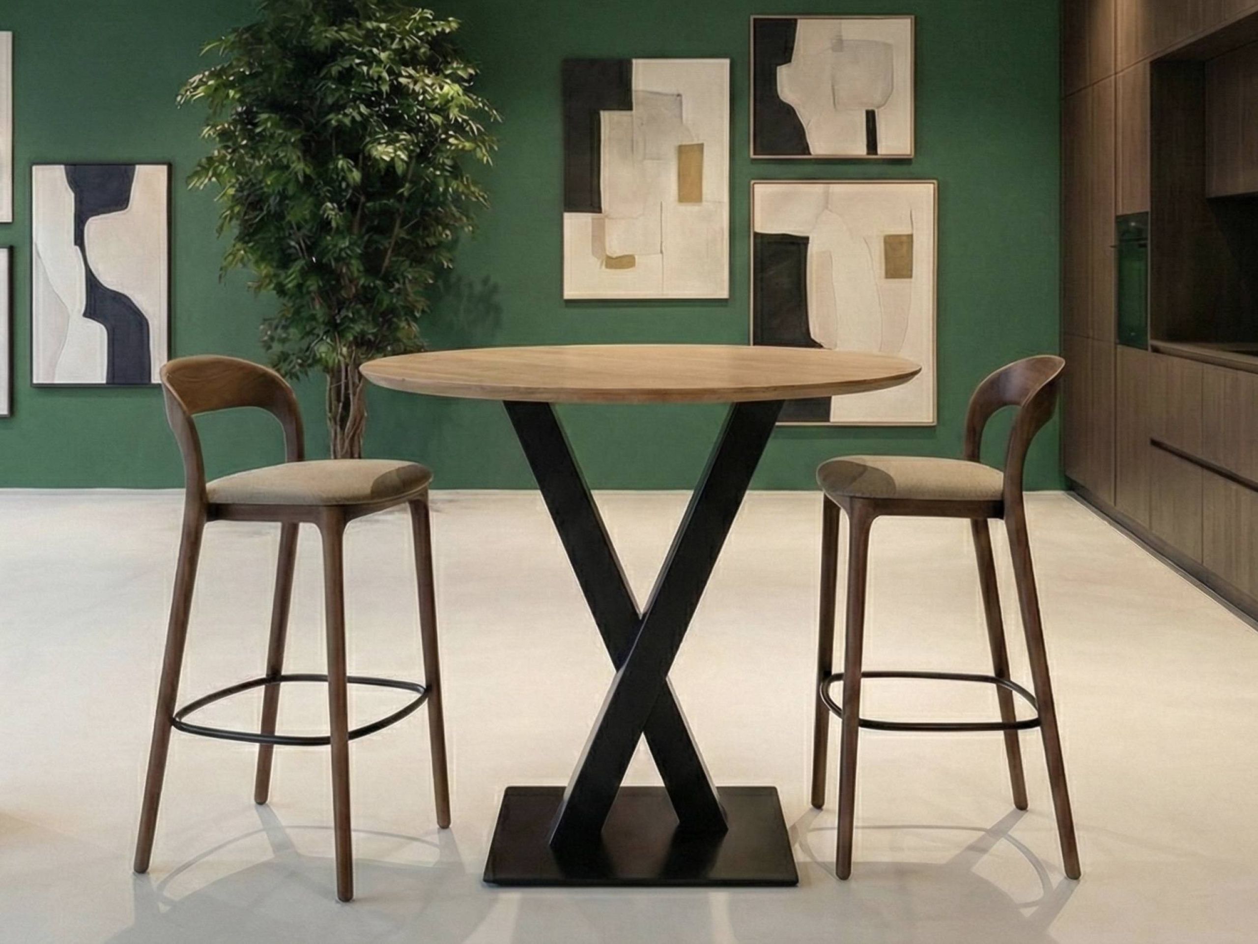 Hoge werktafel met blank eiken tafelblad rond