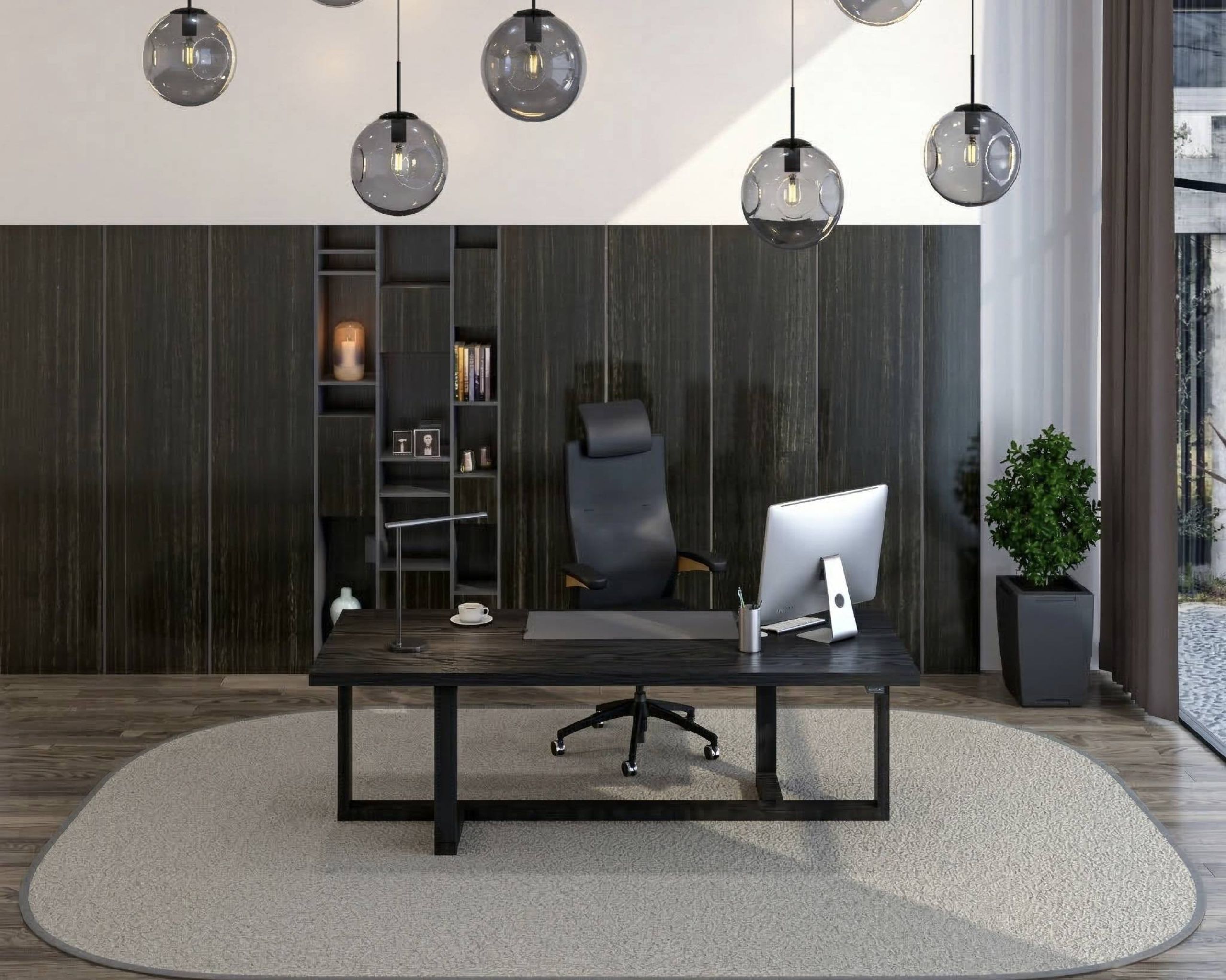 Zwart behandeld directiebureau in high-end kantoor